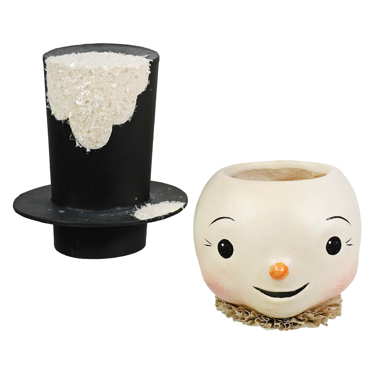 Black top hat jolly bobble snowman container with white glitter snow effect and smiling ceramic snowman face decor