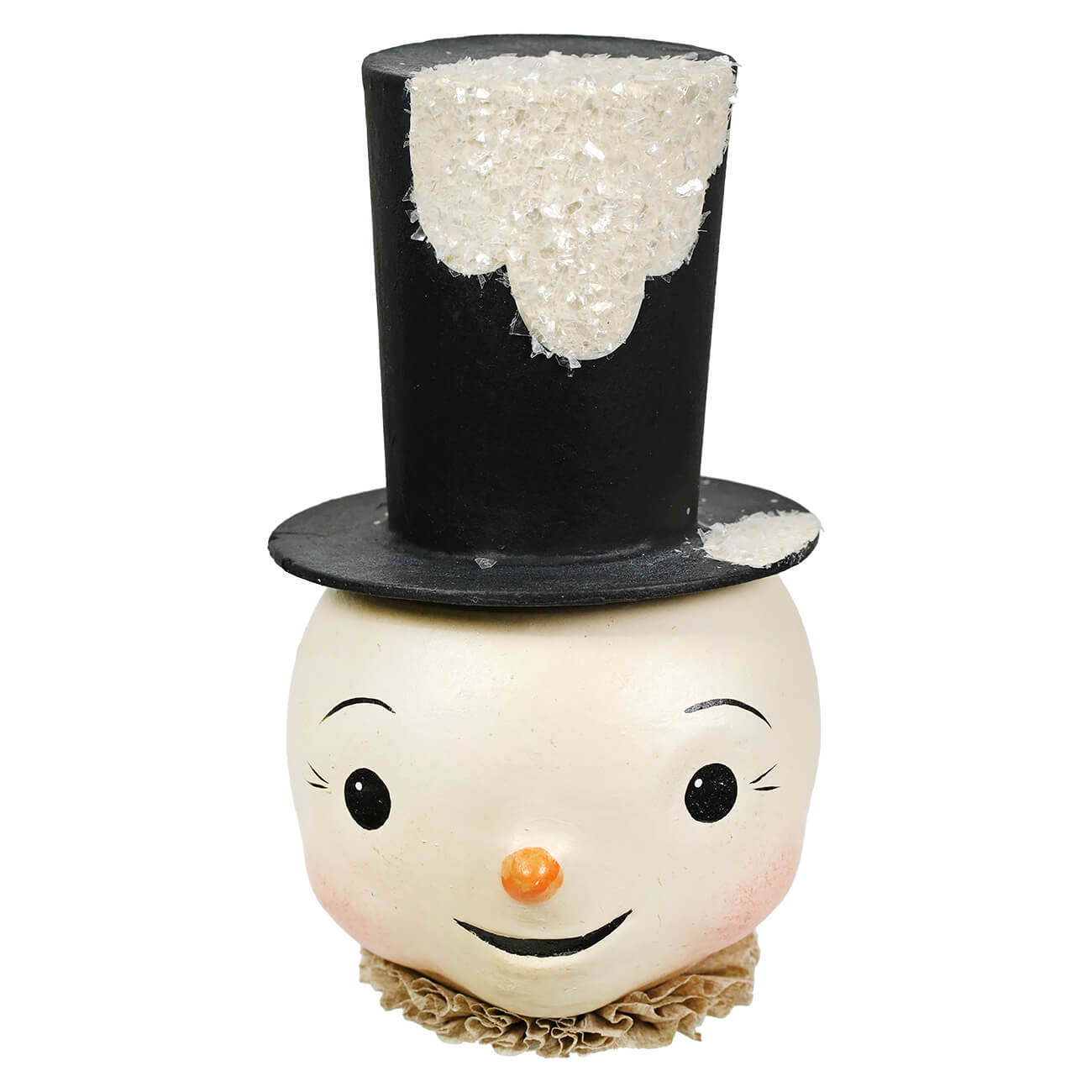 A charming white snowman container with a black top hat and ruffled collar perfect for christmas snowman figures and decor