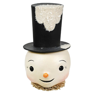 A charming white snowman container with a black top hat and ruffled collar perfect for christmas snowman figures and decor