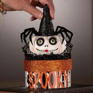 Mrs casperita halloween pumpkin with glittery black witch hat and googly eyes on orange and black spooky box