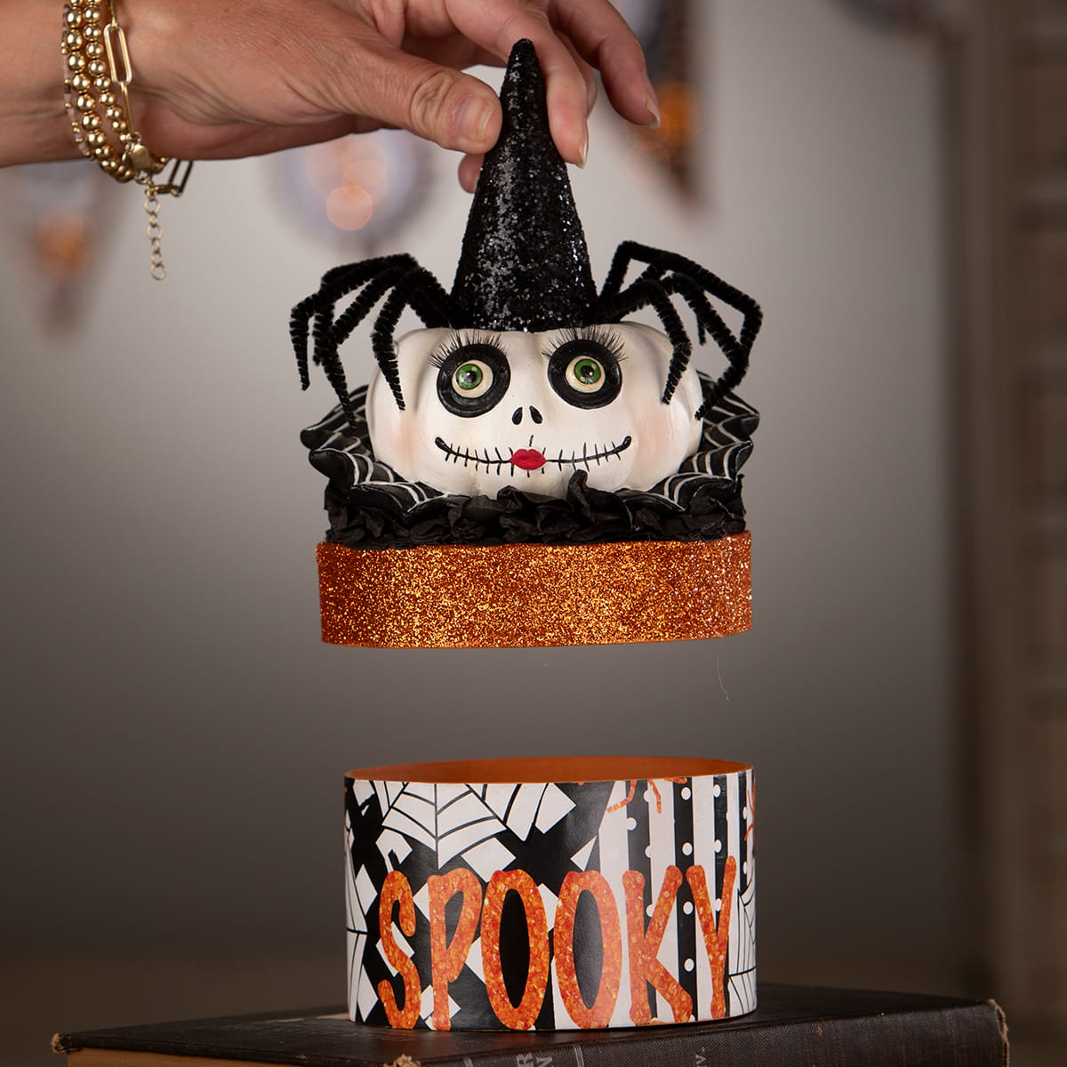 Mrs casperita halloween pumpkins and gourds decorative pumpkin with black glitter witch hat on orange glitter box base