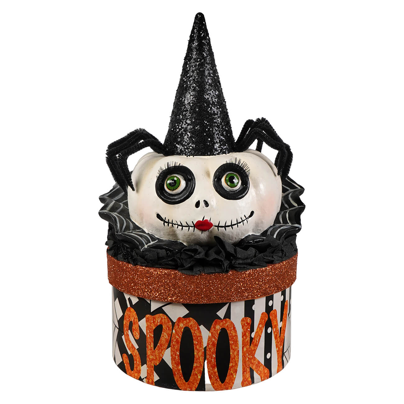 Halloween pumpkins and gourds mrs casperita on box with white skull face green eyes red lips and glittery black hat