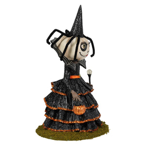Mrs casperita halloween figural decor black glittery witch with spiderweb dress and pumpkin basket for halloween pumpkins and gourds