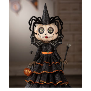 Mrs casperita halloween figural decor with carved pumpkin head and black glittery hat dress with orange trim for halloween pumpkins & gourds
