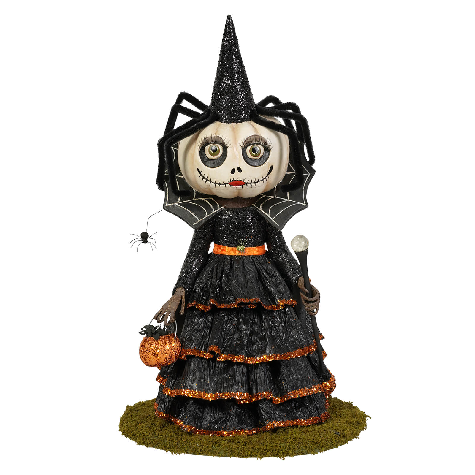Mrs casperita halloween figural decor black glittery witch with pumpkin face and orange trimmed dress perfect for halloween pumpkins and gourds