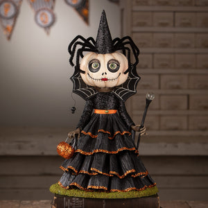 Mrs casperita halloween figural decor witch with white pumpkin face black glittery hat and orange trimmed dress