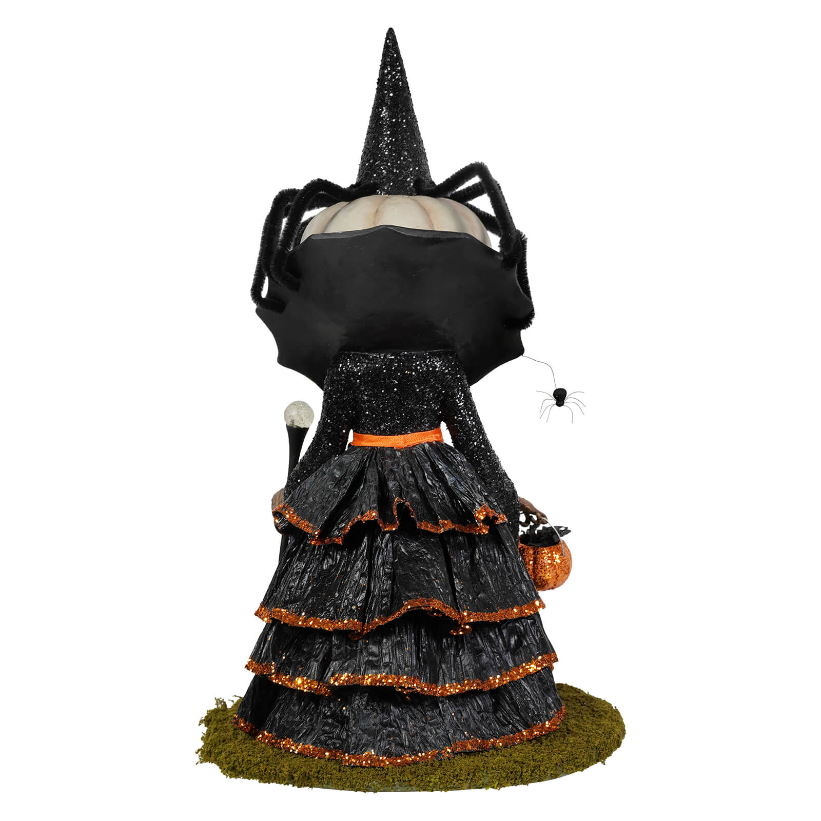 Black witch figurine mrs casperita with glittery pointed hat and orange trimmed gown for halloween figural decor