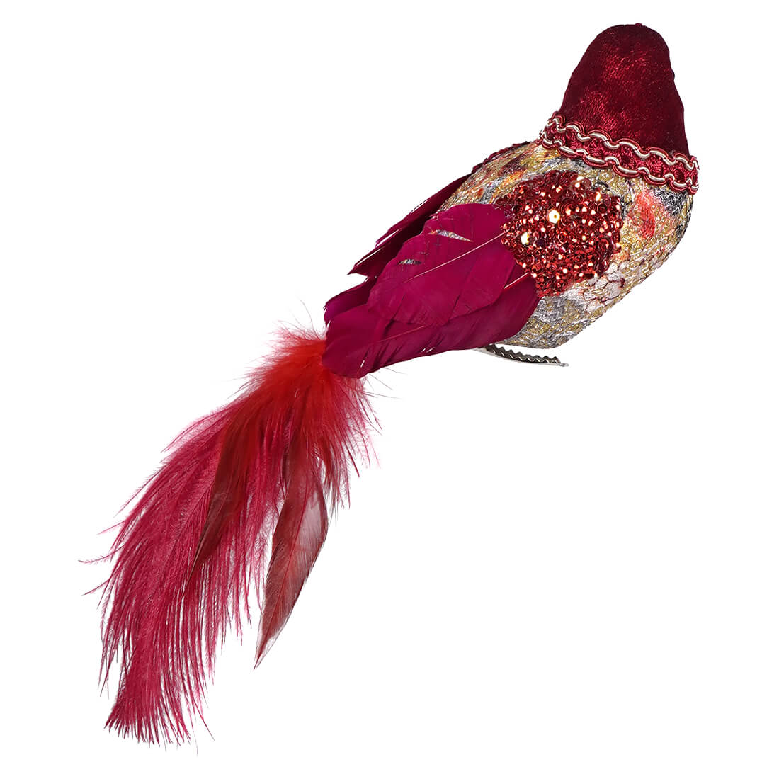 Ornate red and gold decorative bird ornament with a long feathered tail.