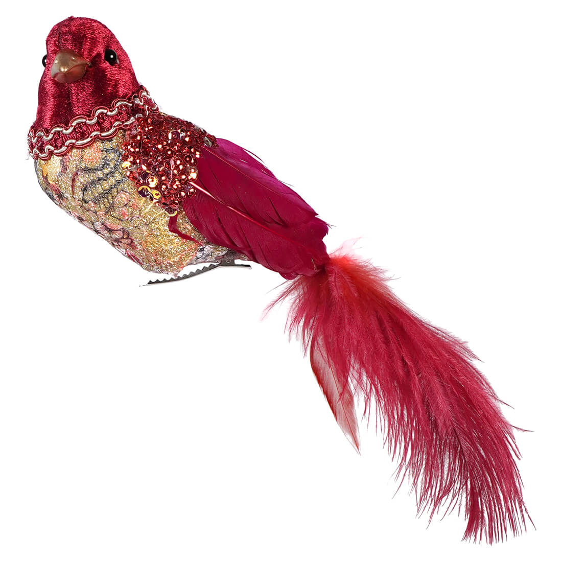 Decorative red bird ornament with glittery accents and a long feathered tail.