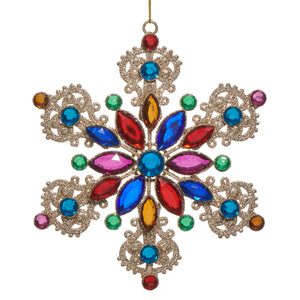 A glittery gold jeweled snowflake ornament with colorful faceted gems perfect for traditional vintage christmas ornaments