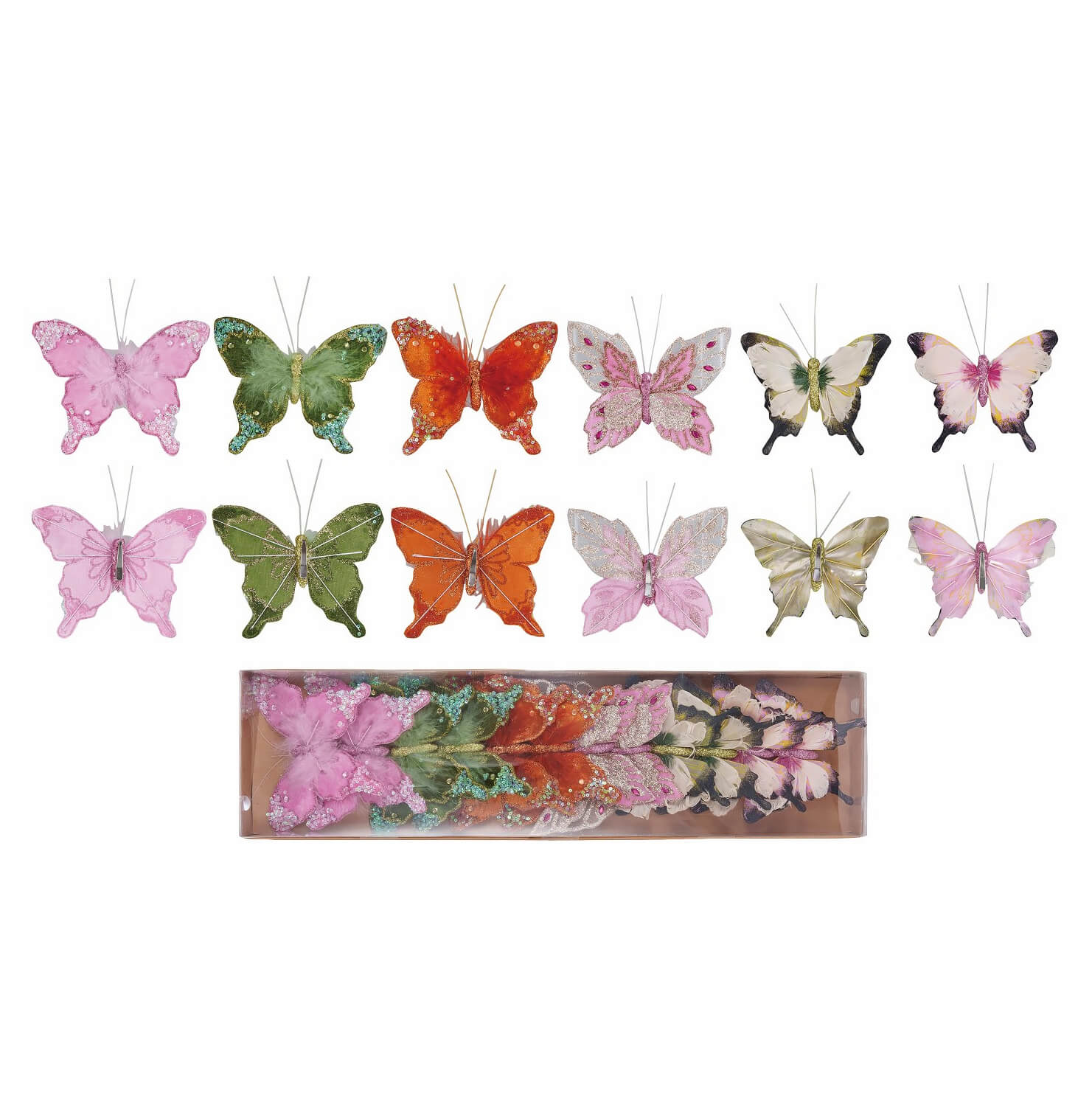 Collection of colorful decorative butterfly ornaments in various shades and patterns.