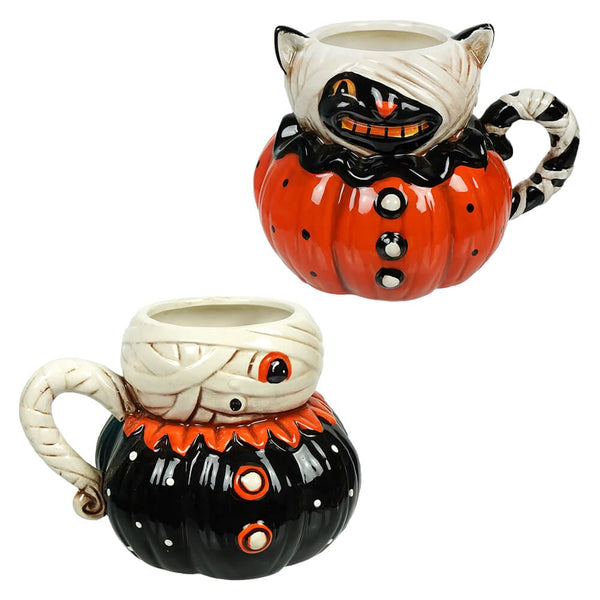 Johanna Parker Pumpkin Peep Frankenstein good and Bride Set of 2 Halloween Mugs