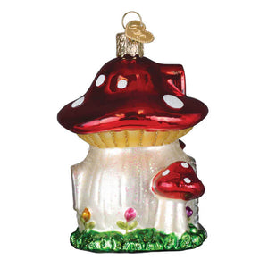 Glossy red mushroom house ornament with white polka dots golden stem and tiny flowers christmas glass ornament