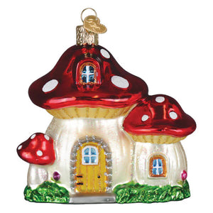 Red and white glass mushroom house ornament with gold loop perfect as a christmas glass ornament