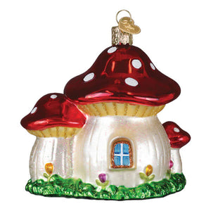 Glossy red and white mushroom house ornament made of glass with a gold-tipped loop perfect as a christmas glass ornament