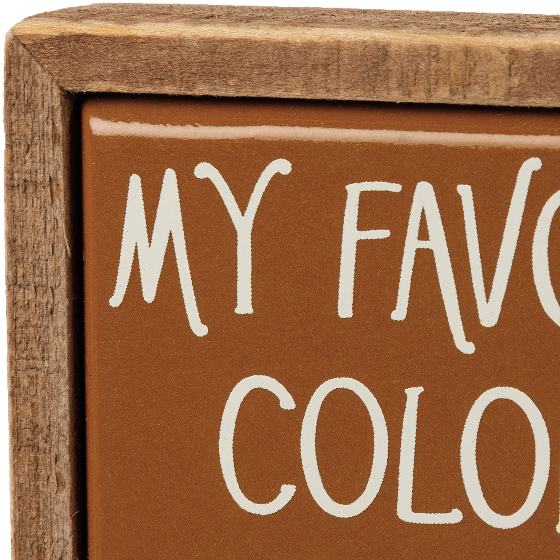 Brown wooden farm wagon block sign with white cursive lettering saying my favorite color is fall box sign mini
