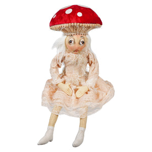 Myra mushroom whimsical handmade doll with red mushroom hat white polka dots off-white lace gown by joe spencer gallerie ii design