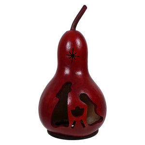 Red painted natural gourd lantern by meadowbrooke gourds with carved nativity scene and star design