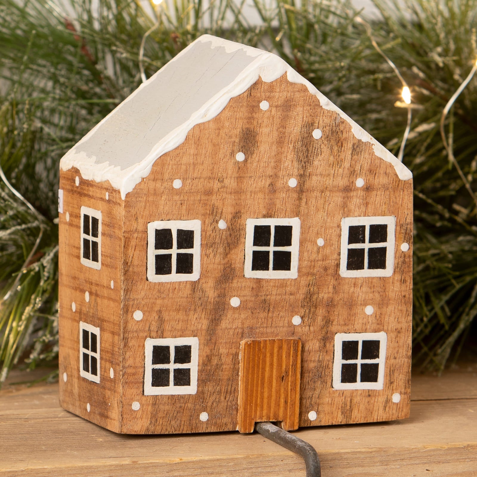 Natural house stocking holder rustic wooden gingerbread with white roof snowflakes for christmas stockings and stocking holders