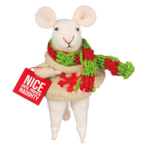 Naughty nice mouse felt critter ornament wearing beige knitted sweater with red green snowflake patterns and scarf