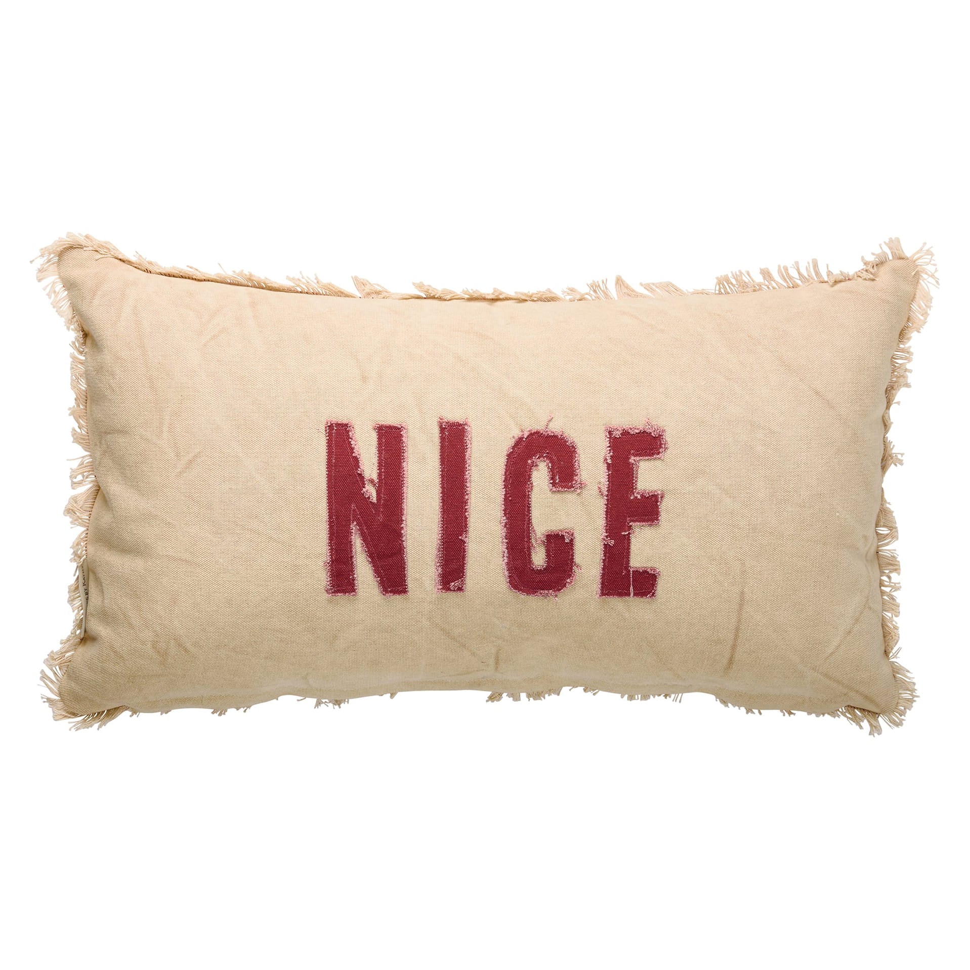 Beige rectangular naughty nice pillow with frayed edges and bold red nice lettering by dan dipaolo holiday pillows