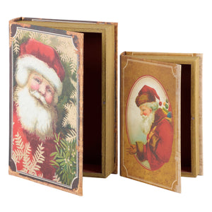 Two vintage-style book boxes with santa designs perfect as christmas vintage blocks for holiday decor