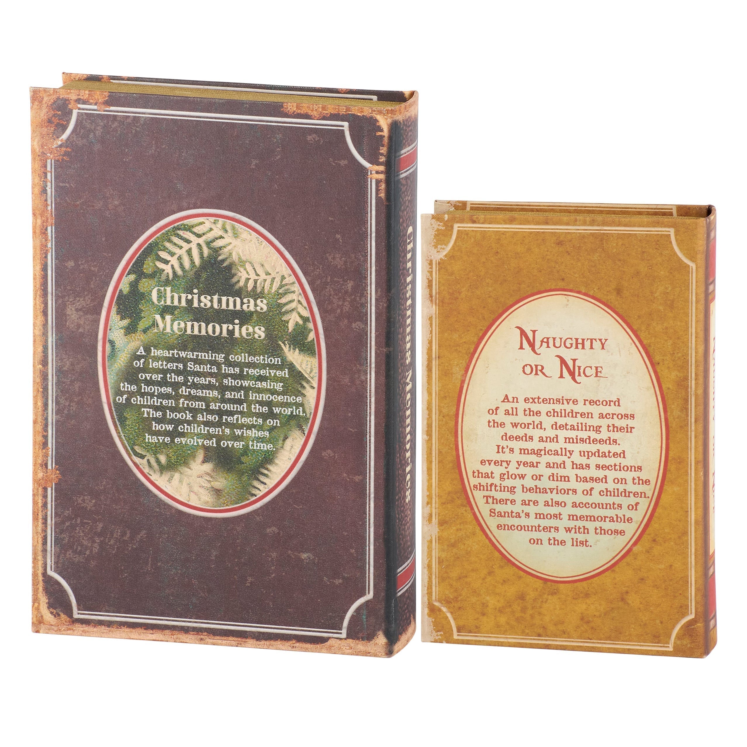 Vintage style book set with christmas memories dark brown and naughty or nice gold covers perfect for merry christmas vintage decor