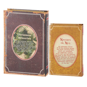 Vintage style book set with christmas memories dark brown and naughty or nice gold covers perfect for merry christmas vintage decor