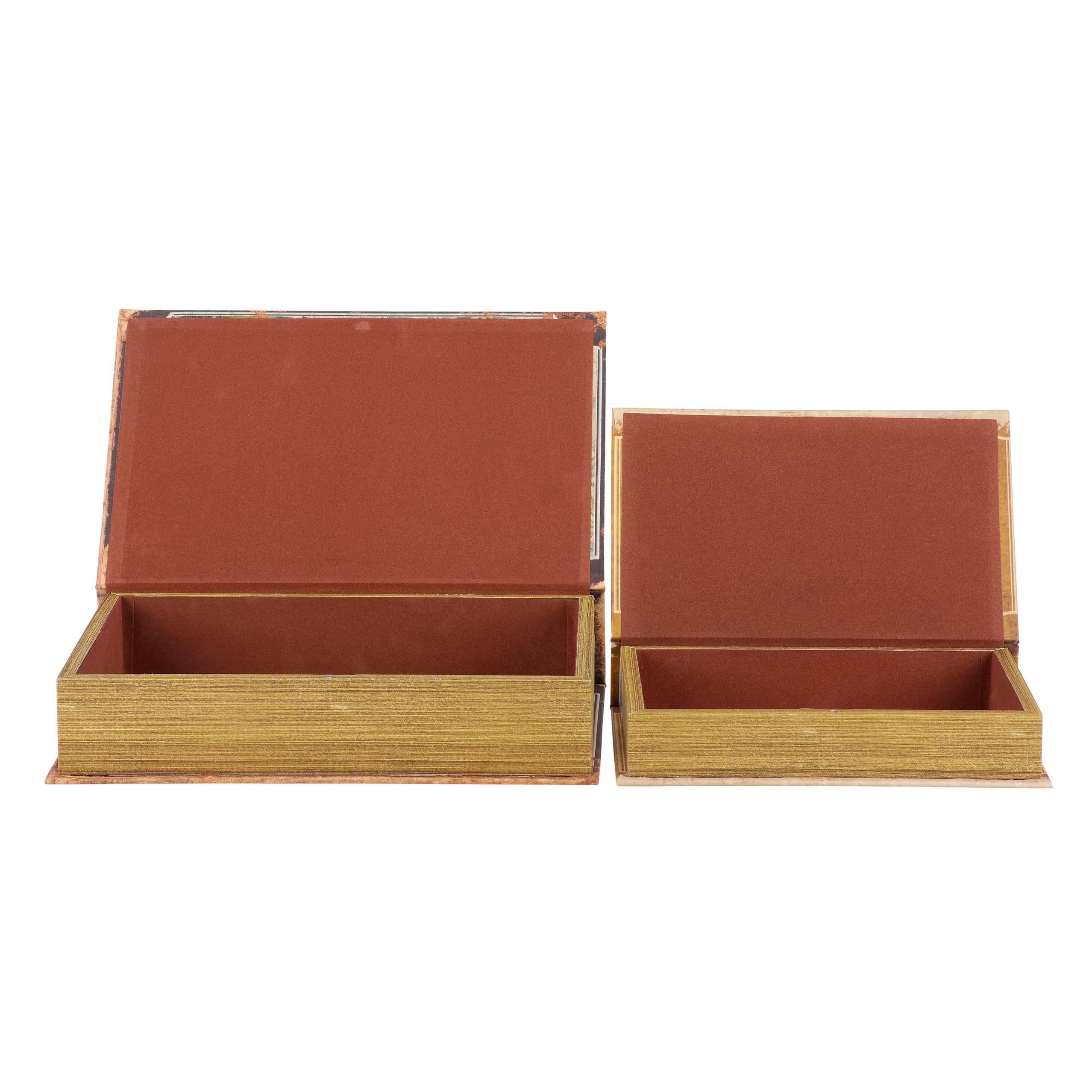 Two rectangular wooden boxes with golden finish and rust interiors designed as naughty or nice vintage block book set