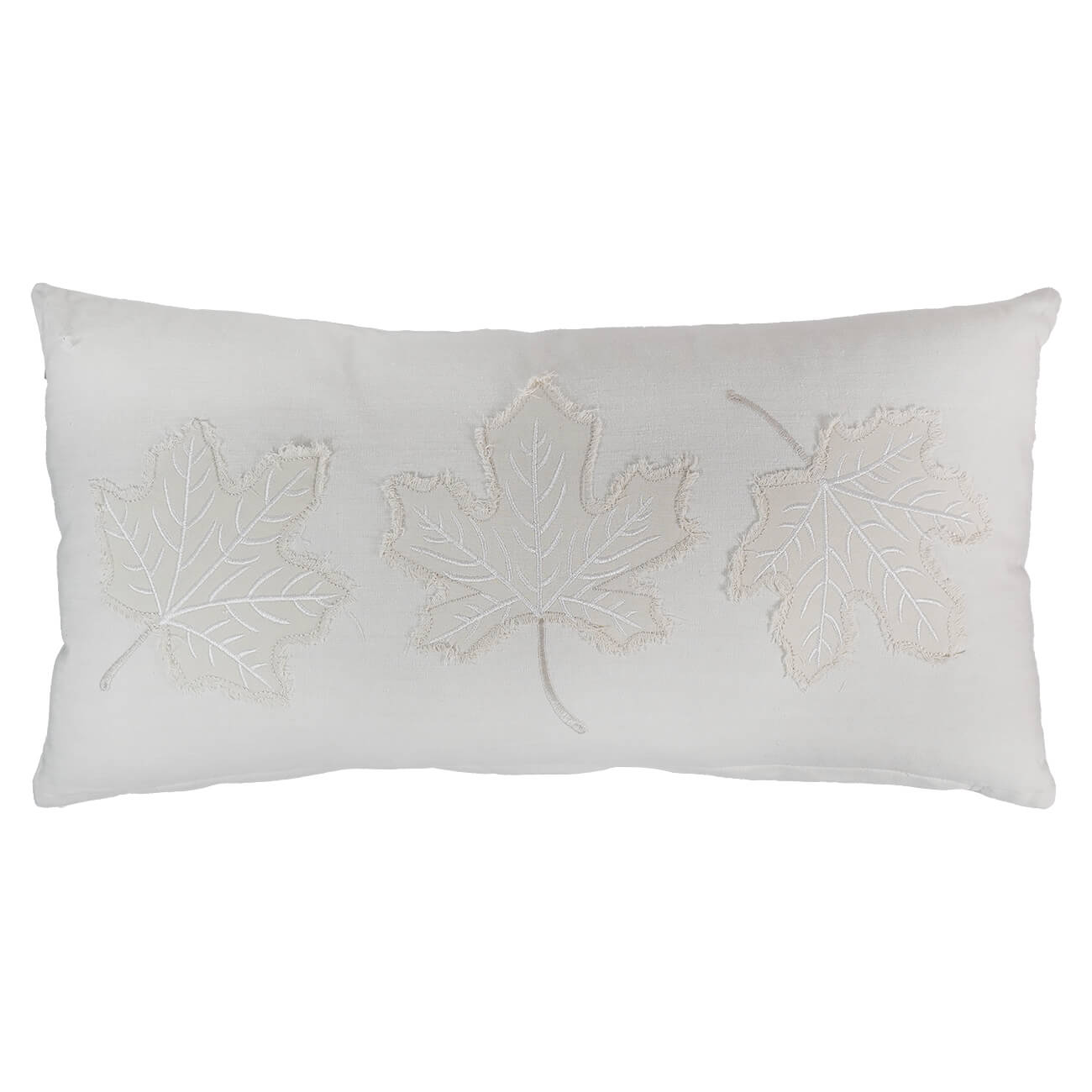 White rectangular decorative pillow with embroidered leaf designs.