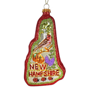 Red glittery glass hampshire state ornament with painted bird pumpkins and ladybugs a glittering tribute to fall foliage road trip degrees