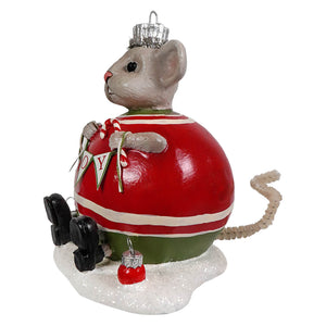 A festive red and green striped bethany lowe designs tree memzi mouse ornament with a silver crown and joy banner holding candy canes