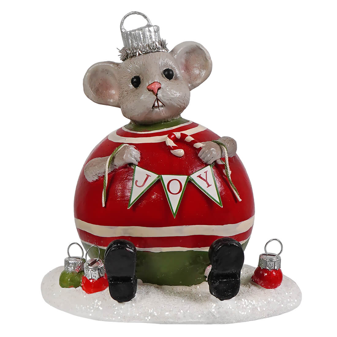 A festive gray tree memzi mouse figurine from bethany lowe designs wearing a striped sweater holding a joy banner and candy cane