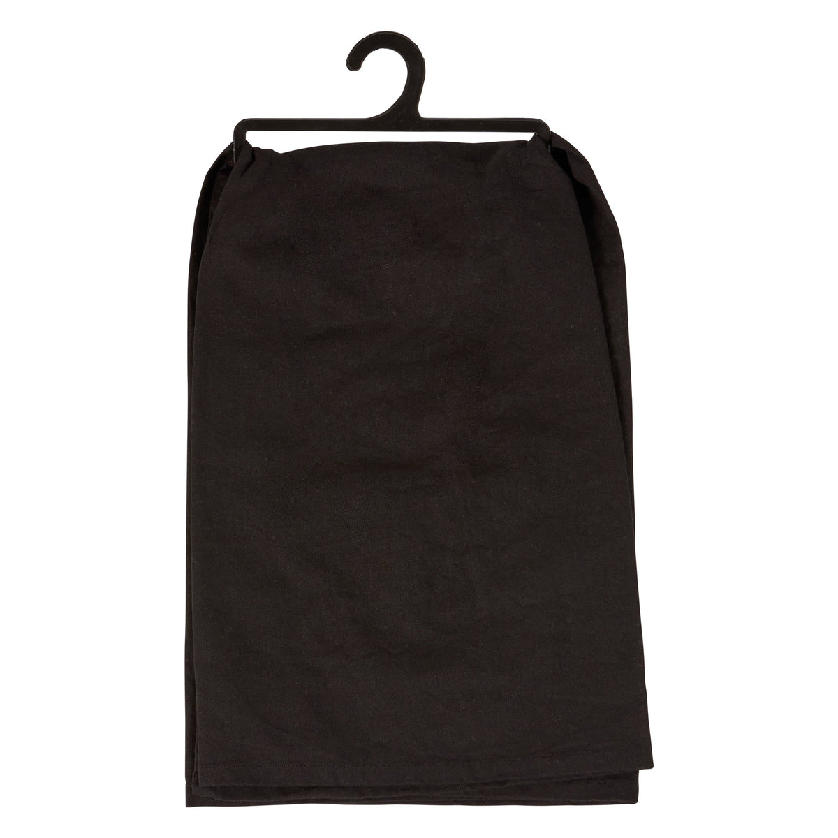 Black fabric before coffee kitchen towel draped on hanger perfect for breakfast inn kitchen or dead & breakfast use
