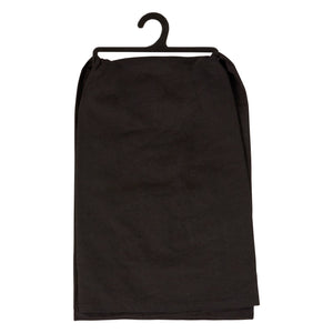 Black fabric before coffee kitchen towel draped on hanger perfect for breakfast inn kitchen or dead & breakfast use