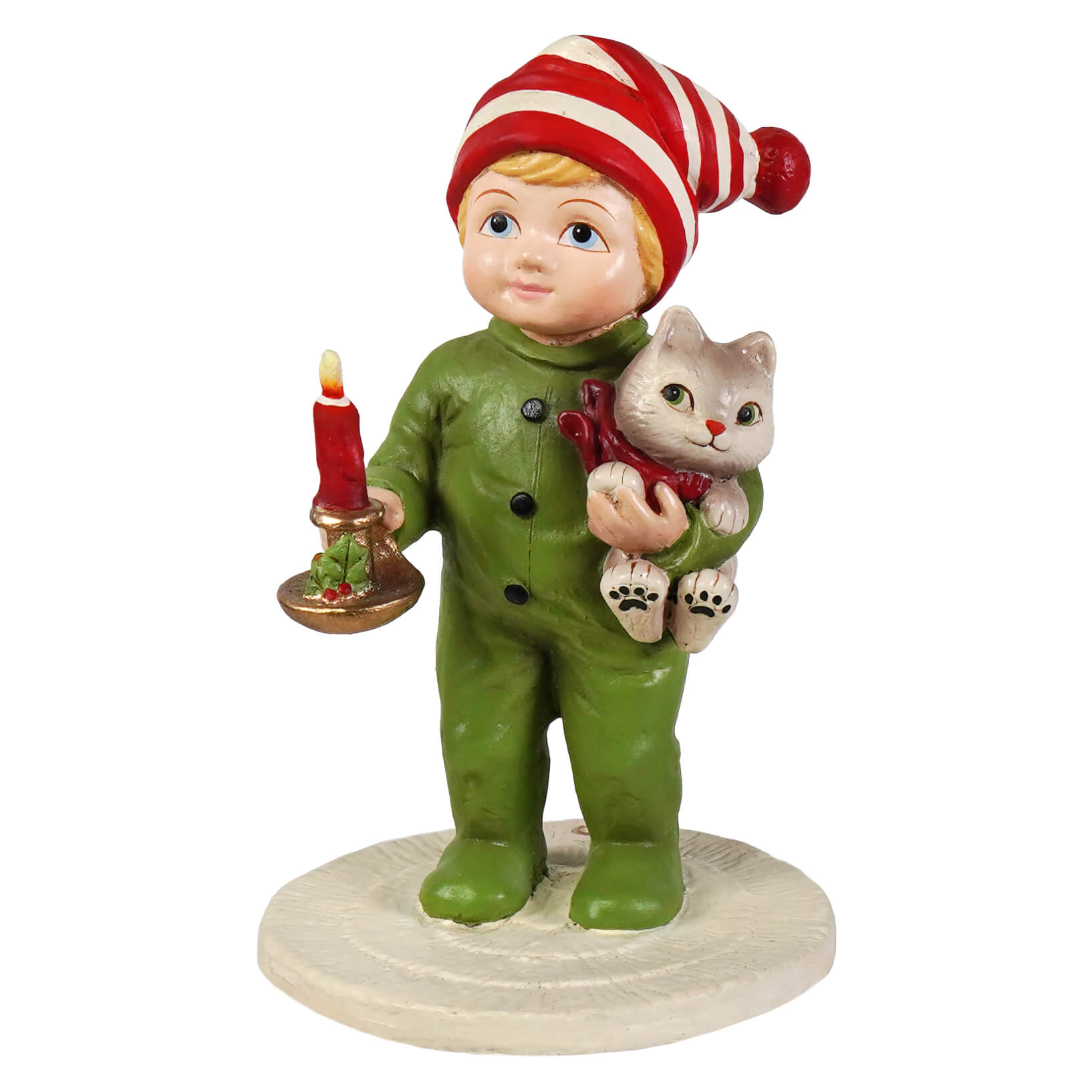 A bethany lowe christmas ornament featuring a green elf holding a lit candle and a small white cat called noah with cat