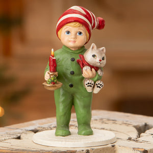 Noah with cat bethany lowe elf figurine in green holding candle and cat with red scarf perfect christmas decorations