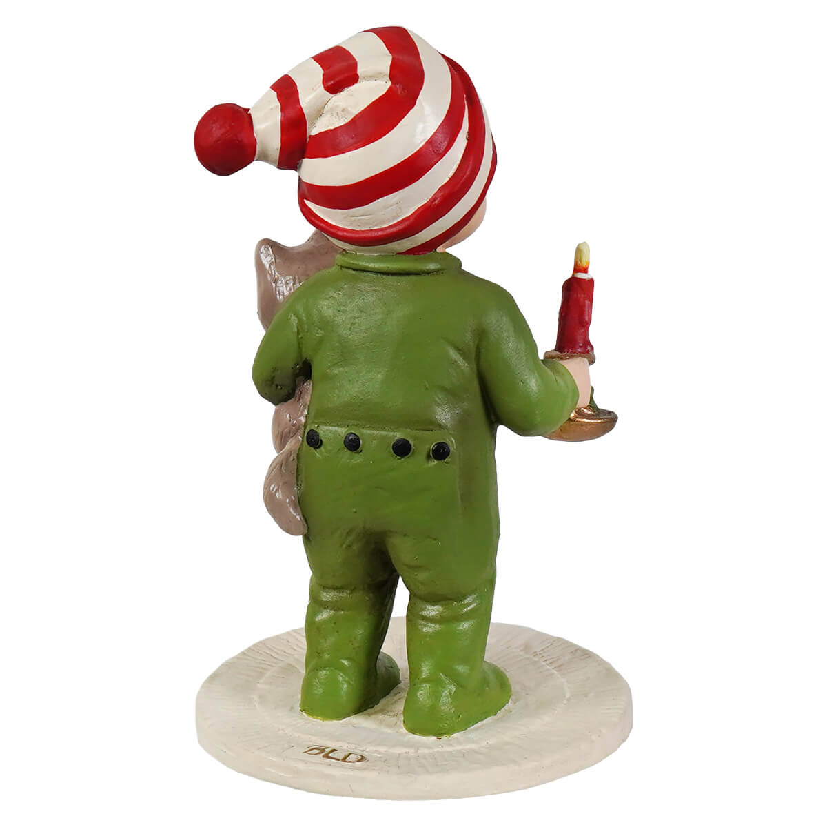 A festive bethany lowe elf figurine in green with a red and white striped hat holding a candle with a cat for christmas decorations and ornaments