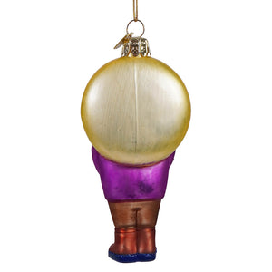 Noble gems glass halloween monster ornament features a translucent gold glass figure with purple pants and blue glitter soles