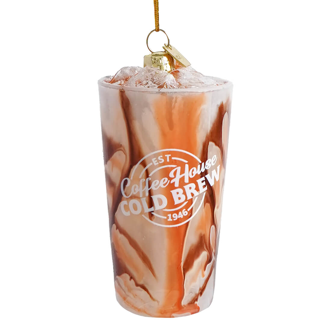 Noble gems™ glass iced cold brew coffee ornament shaped like a cup with swirled brown and cream design and logo