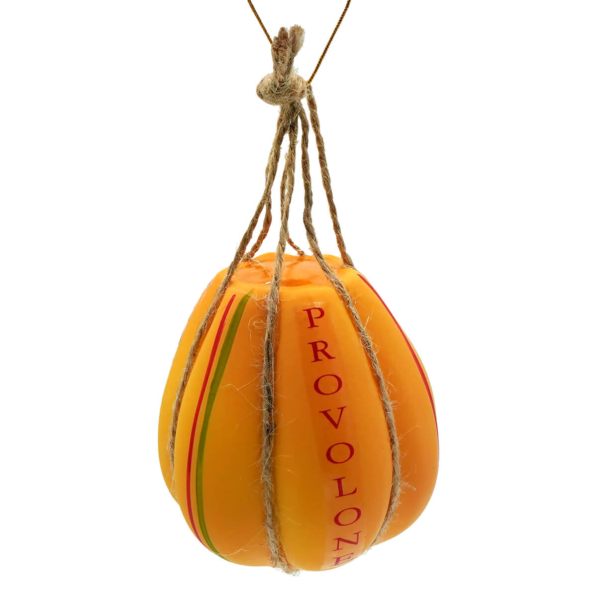 Orange provolone cheese ornament by noble gems glass with red and green stripes tied with natural twine perfect for wine and cheese ornaments