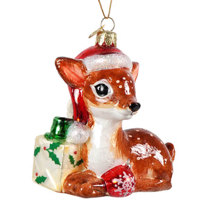 Noble gems™ glass festive christmas ornament featuring a brown and white fawn with santa hat next to a gift box