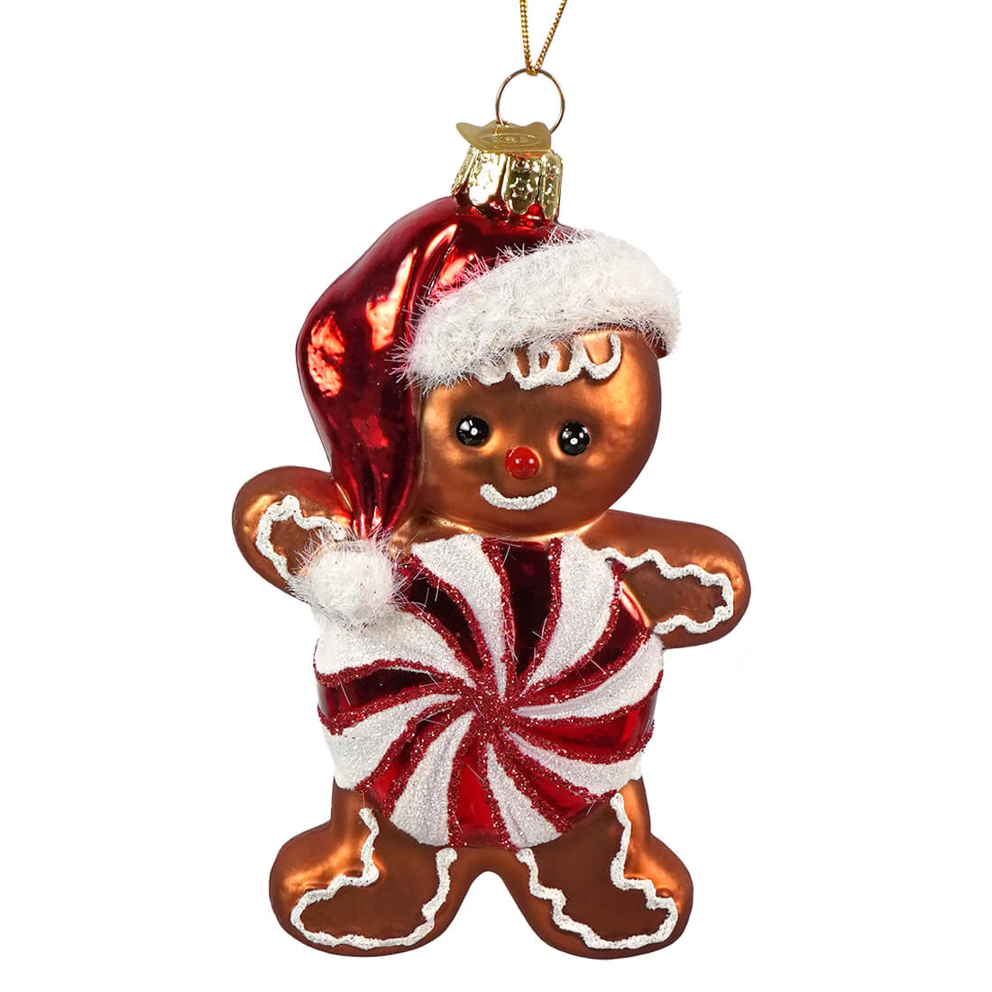 Noble gems peppermint gingerbread man glass ornament shiny red and white candy-striped with gold loop for hanging