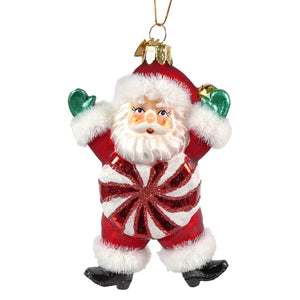Noble gems peppermint santa glass ornament with red white candy stripes green mittens and gold hanging loop, candy hot air style