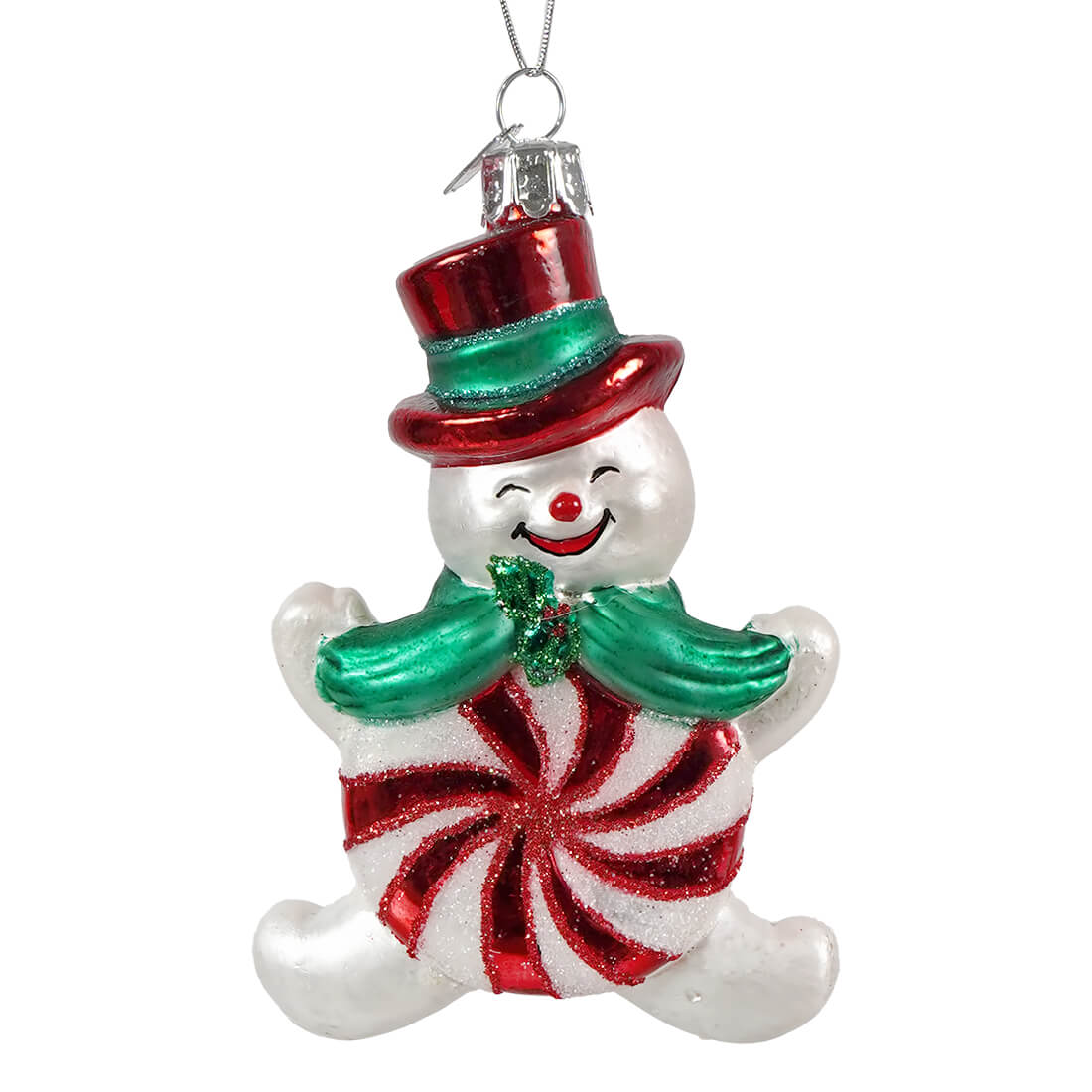 Noble gems peppermint snowman glass ornament with candy cane body and glittery scarf, great for transportation ornaments