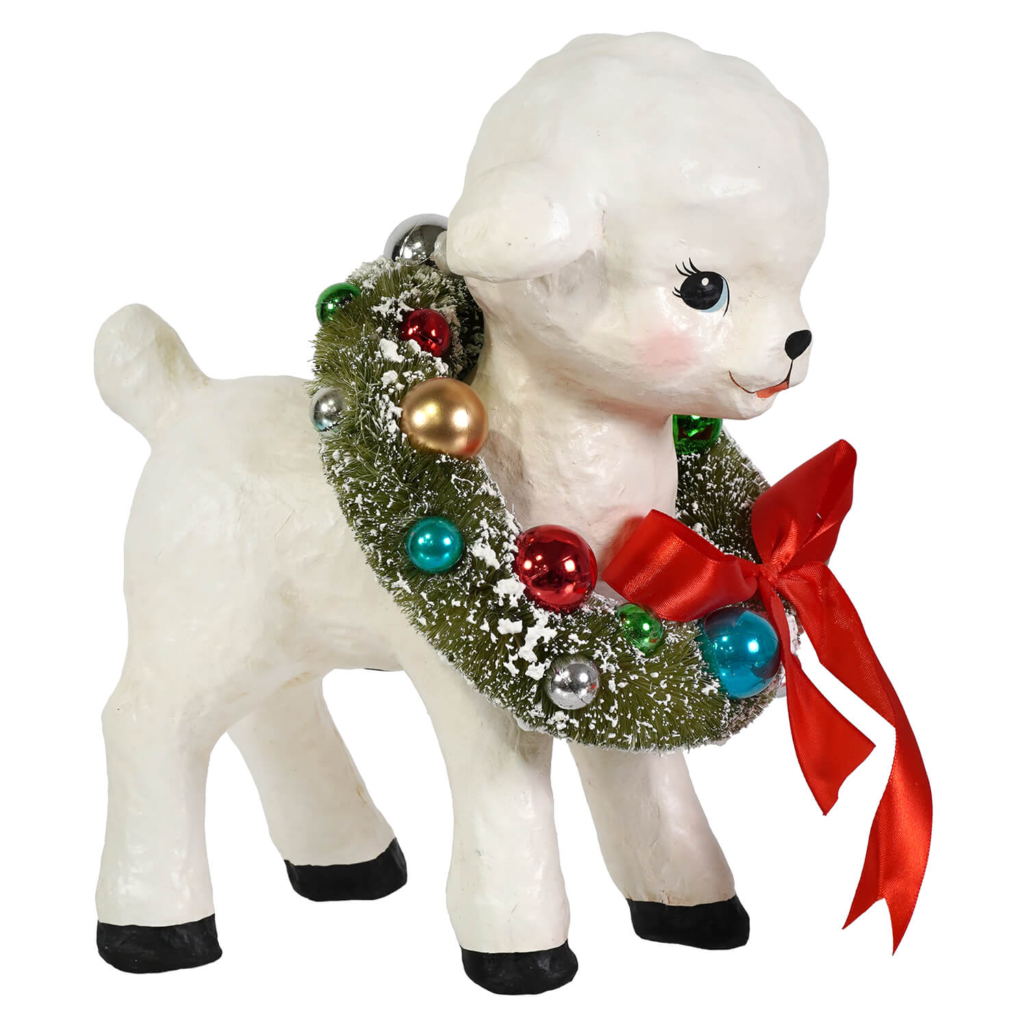 White ceramic noelle lamb figurine by bethany lowe design with festive green wreath and red ribbon bow