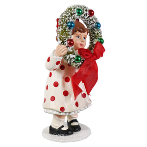 Noelle with wreath porcelain figurine by bethany lowe design holding a colorful wreath with red polka dot dress