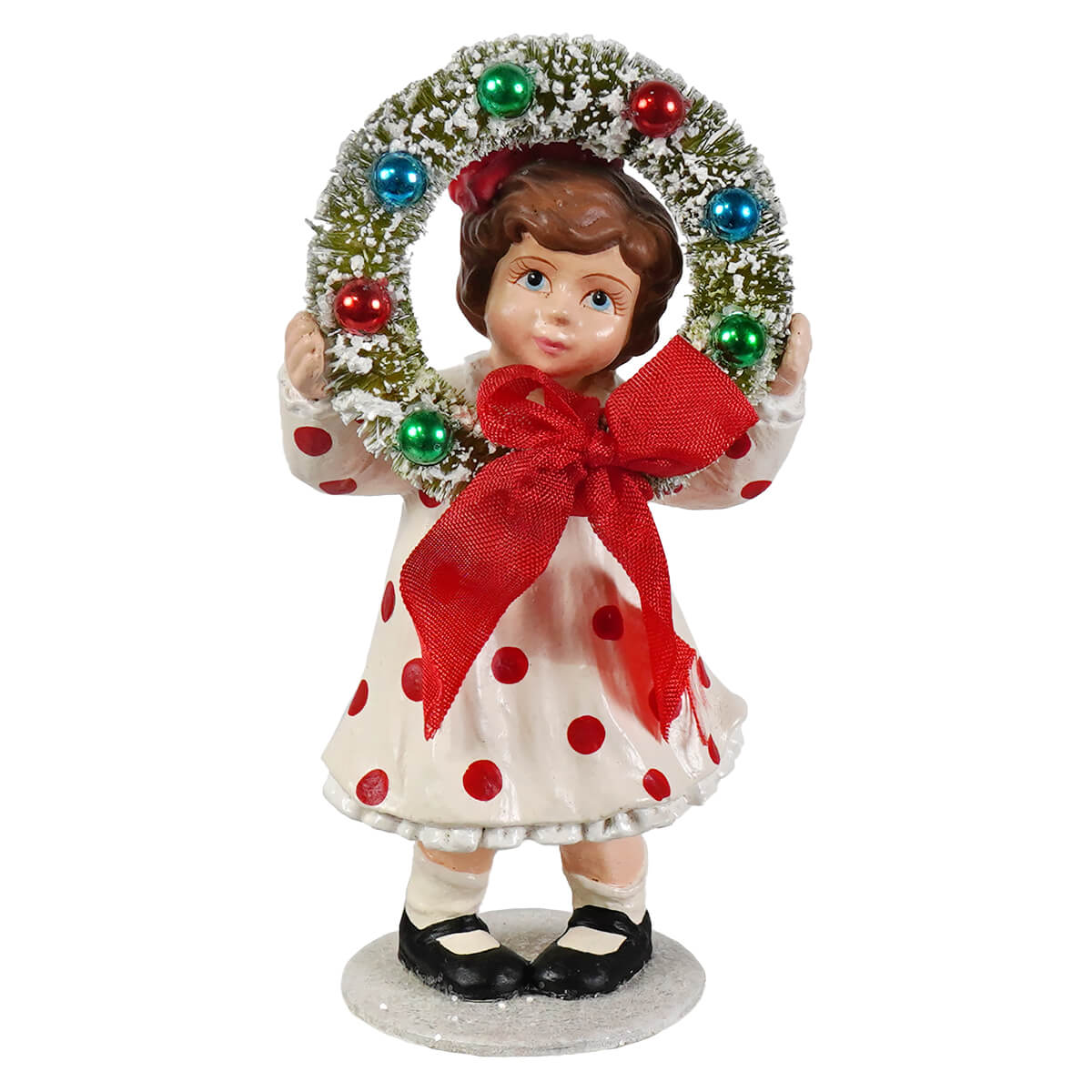 Noelle with wreath bethany lowe design figurine of girl in white dress with red polka dots holding colorful festive wreath