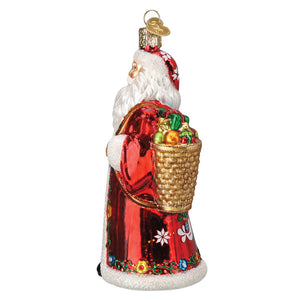 Red glass norwegian santa ornament with gold basket and colorful gifts is a festive workshop santa ornament