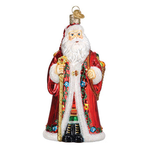 Red and gold glass norwegian santa ornament with glittery white beard and embroidered details, perfect as a christmas glass ornament